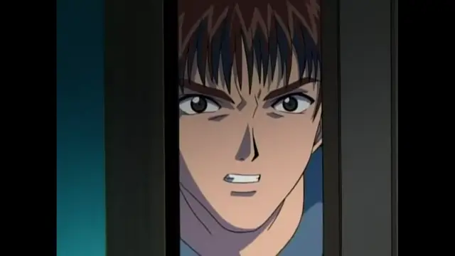 A close-up of a muscular male anime character with brown hair and an intense expression as he peers through a doorway. Screenshot from Black Widow - Episode 2