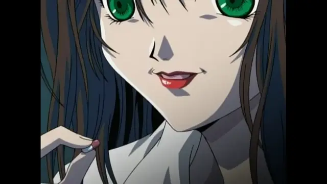 A close-up shot of a young woman with long black hair, large green eyes, and a devious smirk on her face as she holds a strand of her hair. Screenshot from Black Widow - Episode 2