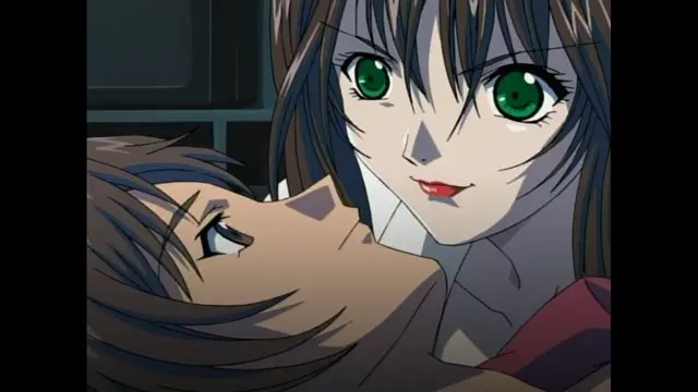 A woman with long dark hair and green eyes leans over a man lying on his back, looking down at him with a slight smile. Screenshot from Black Widow - Episode 2