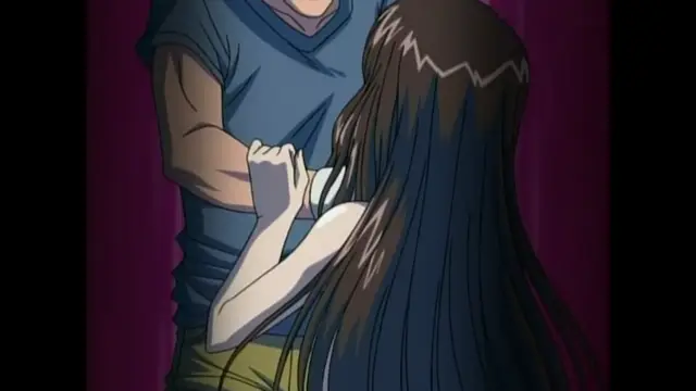 A man in a blue shirt holds a long-haired woman from behind in a close embrace against a pink curtain background. Screenshot from Black Widow - Episode 2