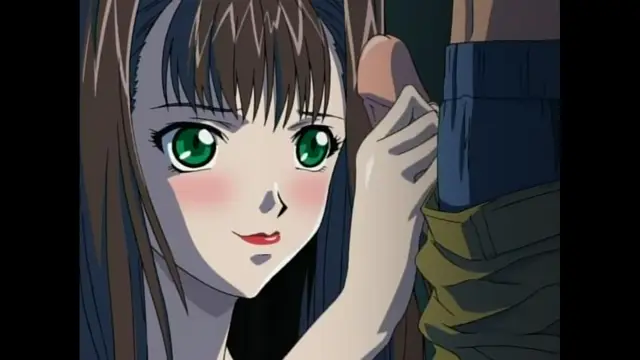 A close-up of an anime girl with long brown hair and green eyes blushing as she holds a large penis with her hand. Screenshot from Black Widow - Episode 2