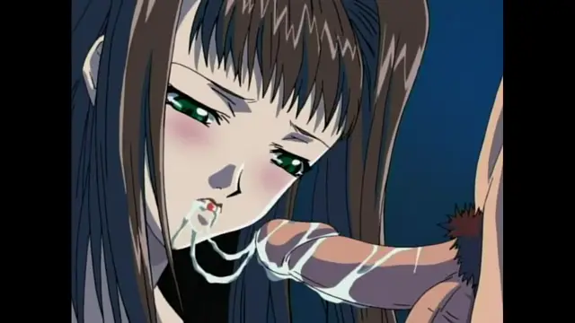 A close-up shot depicts a woman with long dark hair and green eyes looking downwards as she receives an ejaculation in her mouth from a male character whose erect penis is visible in the lower right foreground. Screenshot from Black Widow - Episode 2