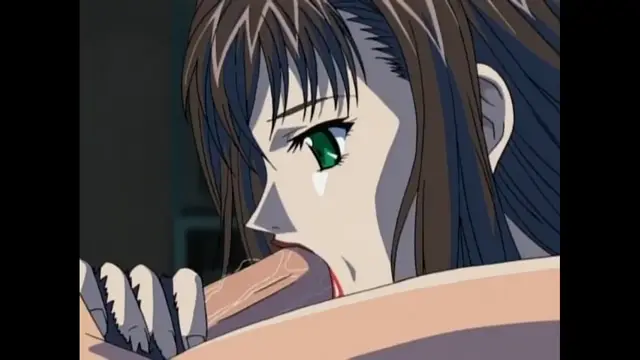 An anime girl with long brown hair and green eyes has a tear running down her face as she performs oral sex on a penis. Screenshot from Black Widow - Episode 2