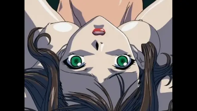 An anime girl with long brown hair and green eyes lies on her back with her mouth open as she is being fucked from behind. Screenshot from Black Widow - Episode 2