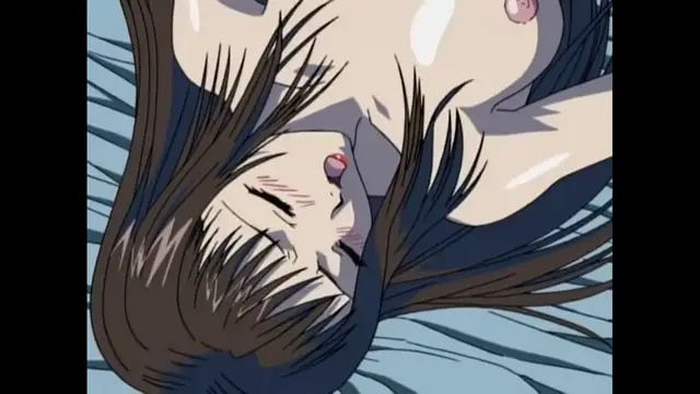 A close-up anime shot shows a girl with long brown hair lying down with her eyes closed and a slight blush on her cheeks, revealing her bare chest and pink nipples. Screenshot from Black Widow - Episode 2