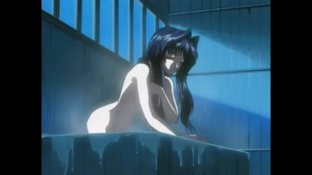 A blue-haired anime girl with cat ears sits naked in a dimly lit bathroom, leaning forward over a bathtub. Screenshot from Guren - Crimson Lotus - Episode 1