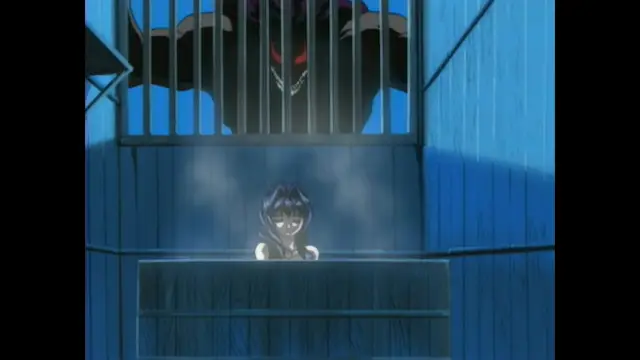 A girl with dark hair and a terrified expression stands behind a wooden counter, looking up at a tall, menacing, red-eyed figure looming inside a barred cage above her. Screenshot from Guren - Crimson Lotus - Episode 1