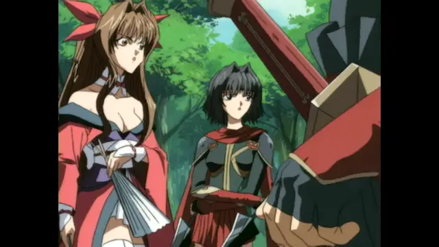 A woman in a red kimono with large breasts stands next to a short-haired warrior in armor in a forest as a large sword is held in the foreground. Screenshot from Guren - Crimson Lotus - Episode 1