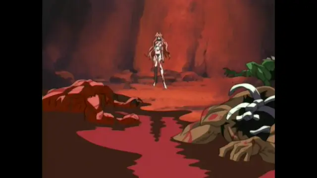 In a hellish, lava-filled cave, a scantily clad woman stands in a pool of blood while surrounded by various demons and grotesque creatures. Screenshot from Guren - Crimson Lotus - Episode 1