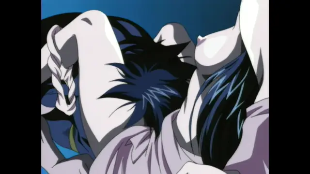 A close-up anime-style shot shows two women with dark hair entwined in a passionate sexual encounter, with one woman's face pressed against the other's chest while they are positioned on top of each other. Screenshot from Guren - Crimson Lotus - Episode 1