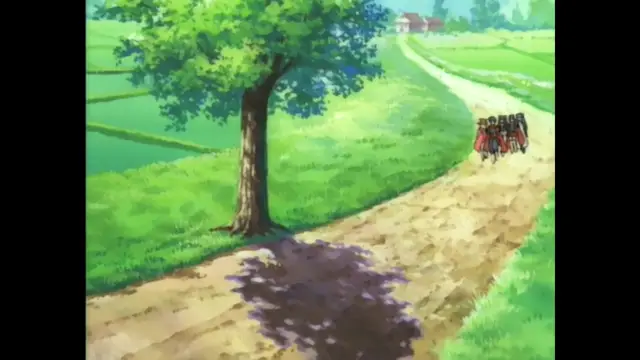A group of samurai walk along a winding dirt path through a lush green countryside with a large tree in the foreground and a small house in the distance. Screenshot from Guren - Crimson Lotus - Episode 2