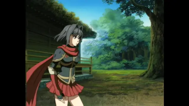 A woman with long grey hair wearing a red and gold warrior outfit and a red cape stands in front of a traditional wooden building in a forest. Screenshot from Guren - Crimson Lotus - Episode 2