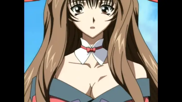 An anime girl with long brown hair and a white collar with a small red bow sits with a shocked expression, her large breasts visible in a low-cut blue and red dress. Screenshot from Guren - Crimson Lotus - Episode 2