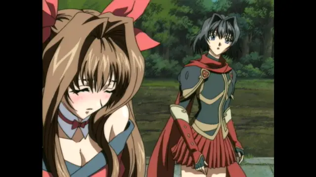 A blushing anime girl with long brown hair and a pink ribbon leans forward with a dazed expression next to a standing girl in a red and gold warrior outfit against a forest background. Screenshot from Guren - Crimson Lotus - Episode 2