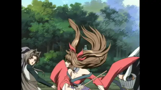 A long-haired woman in a red kimono with a blue sash is shown being sexually assaulted by a man from behind in a forest setting, while another woman looks on in shock. Screenshot from Guren - Crimson Lotus - Episode 2