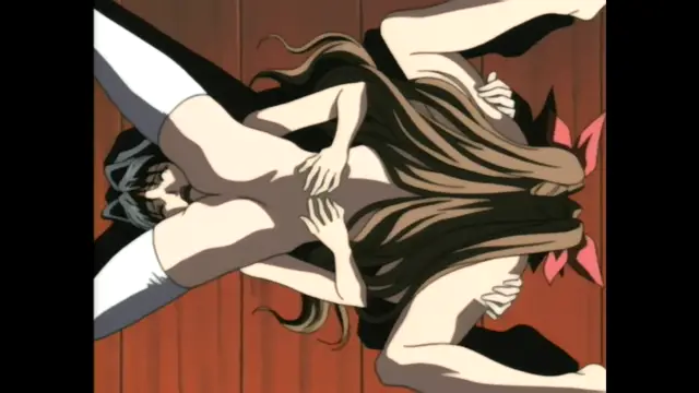 A woman with long brown hair and a black dress lies on a wooden floor while being engaged in sexual activity by a man and another woman. Screenshot from Guren - Crimson Lotus - Episode 2