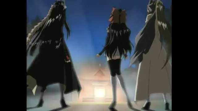 Three long-haired girls in traditional Japanese attire stand in front of a glowing shinto shrine at night. Screenshot from Guren - Crimson Lotus - Episode 2