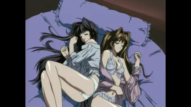 Two girls with long hair lie in bed together, wearing revealing lingerie and robes, with one girl having her hand near her face and the other looking towards the viewer. Screenshot from Guren - Crimson Lotus - Episode 2