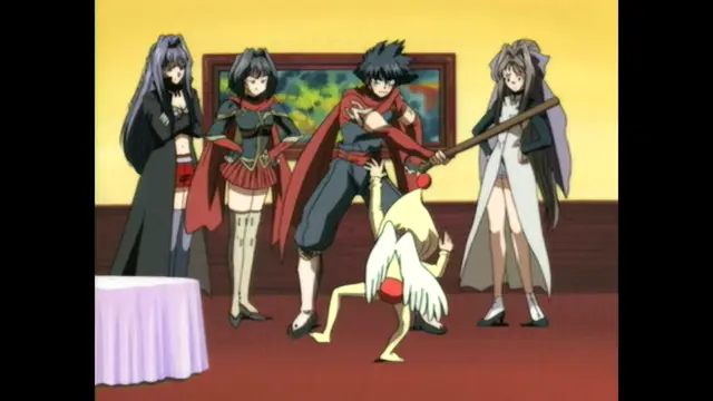 A black-haired man in a red cape and black outfit stands over a kneeling blonde woman in a white outfit, holding a wooden staff against her head while surrounded by three other women in ornate dresses and costumes. Screenshot from Guren - Crimson Lotus - Episode 2