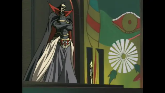 A tall, skeletal figure in a black and red cape stands before a large sliding door, looming over a small, cowering yellow character in a traditional Japanese-style setting featuring a sun motif. Screenshot from Guren - Crimson Lotus - Episode 2