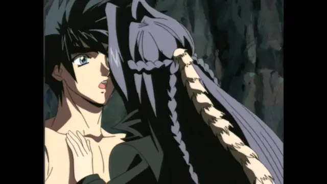 A male anime character with blue eyes and dark hair stands close to a female character with long braided hair, who has her face turned away and appears to be covering her mouth. Screenshot from Guren - Crimson Lotus - Episode 2