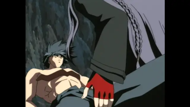 A muscular man with spiky hair lies shirtless on the ground while a character in dark clothing with a red glove reaches toward his crotch. Screenshot from Guren - Crimson Lotus - Episode 2