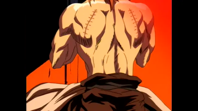 A muscular man with stitched scars on his back and shoulders stands with his back to the camera against a vibrant orange and black background. Screenshot from Guren - Crimson Lotus - Episode 3