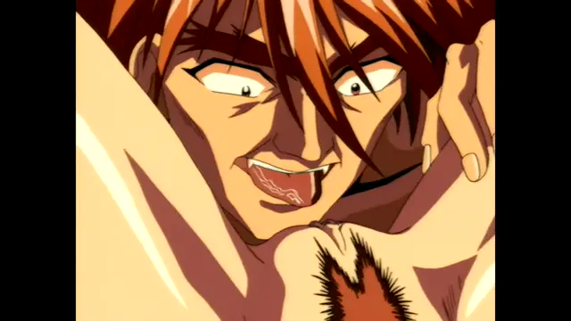 A close-up anime shot of a shirtless man with messy brown hair and a mischievous expression, sticking out his tongue while holding a woman's body close to him. Screenshot from Guren - Crimson Lotus - Episode 3