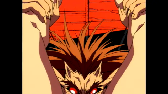 A beast-like anime character with orange hair and glowing red eyes stands between the pulled-back legs of a light-skinned woman as she holds her thighs open with her hands. Screenshot from Guren - Crimson Lotus - Episode 3