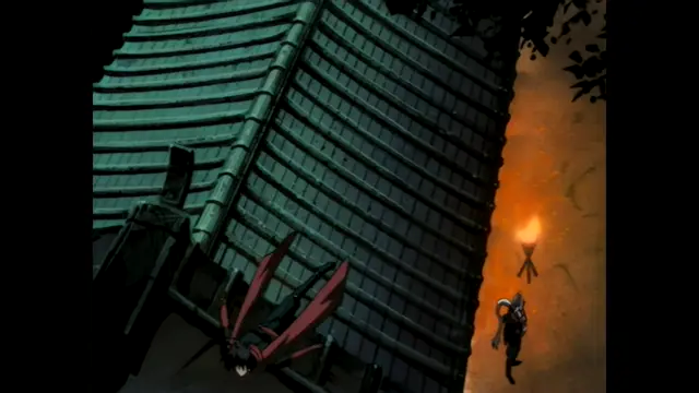A large, winged demon with red features perched on the tiled roof of a traditional Japanese building overlooks a warrior standing before a lit torch in a fiery orange glow. Screenshot from Guren - Crimson Lotus - Episode 3