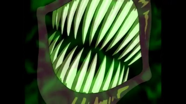 A close-up shot shows a large, monstrous mouth filled with many sharp, jagged teeth, surrounded by green and purple smoke. Screenshot from Guren - Crimson Lotus - Episode 3