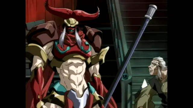 A muscular, armored warrior with large red horns and white hair stands dominantly next to a smaller, frightened man with long white hair in a dimly lit, industrial-looking interior. Screenshot from Guren - Crimson Lotus - Episode 3