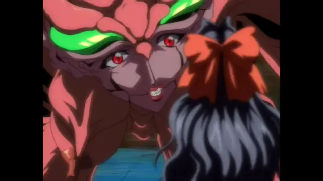 A large, muscular red demon with green markings and glowing red eyes looms over a small girl with black hair and a red bow. Screenshot from Guren - Crimson Lotus - Episode 3