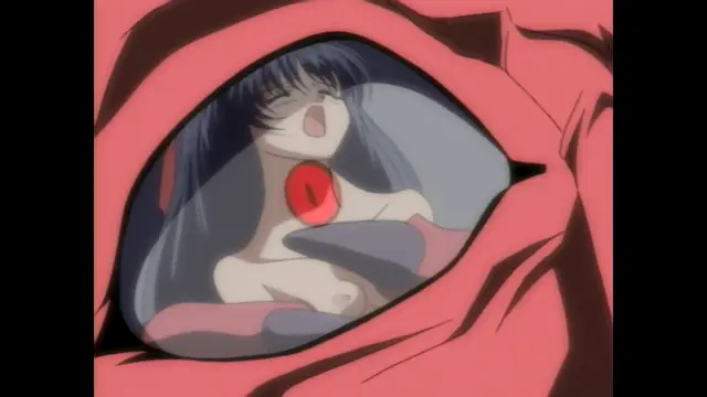 A close-up shot shows an anime girl with blue hair lying inside a large pink opening, her breasts being squeezed and her face pressed against the side as she looks towards the camera with a shocked expression. Screenshot from Guren - Crimson Lotus - Episode 3