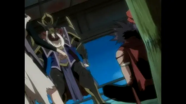 An anime-style scene shows a man with spiky black hair and red clothing standing in a doorway, watching a blonde-haired man in ornate purple and gold armor who appears to be screaming or in extreme distress. Screenshot from Guren - Crimson Lotus - Episode 3
