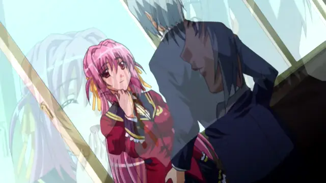 A girl with pink hair and a red school uniform looks up with a blush at a tall, dark-haired man who leans over her while standing inside a glass elevator. Screenshot from Gakuen Saimin Reido - Episode 1