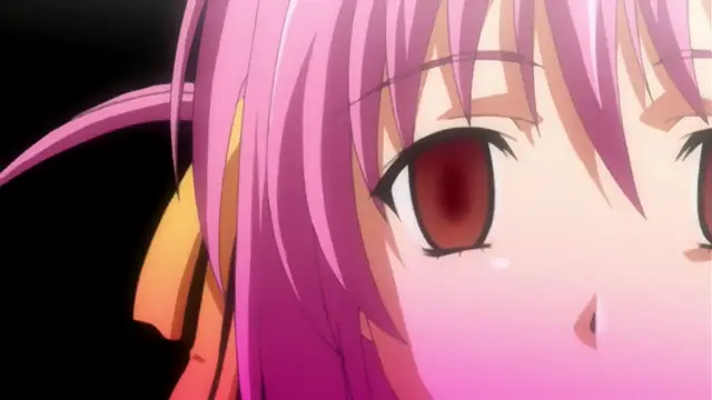 An anime girl with pink hair and red eyes looks forward with a blushing face and a dazed expression. Screenshot from Gakuen Saimin Reido - Episode 1