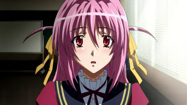 An anime girl with pink hair and red eyes looks surprised with a blushing face while wearing a school uniform in a brightly lit room. Screenshot from Gakuen Saimin Reido - Episode 1