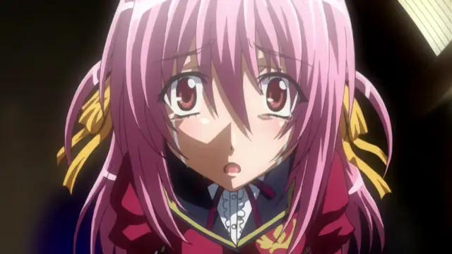 A pink-haired girl in a school uniform looks distressed with tears in her eyes and an open mouth. Screenshot from Gakuen Saimin Reido - Episode 1