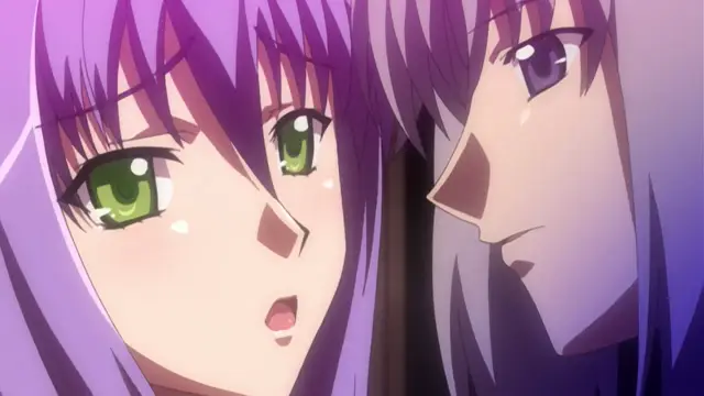 A close-up shot shows a purple-haired girl with wide green eyes looking surprised as a purple-haired boy with dark eyes leans in close to her face. Screenshot from Gakuen Saimin Reido - Episode 1