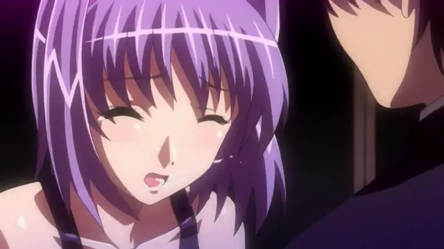 A purple-haired anime girl with cat ears and a blushing face leans into a man's face while she has her eyes closed and mouth slightly open. Screenshot from Gakuen Saimin Reido - Episode 1