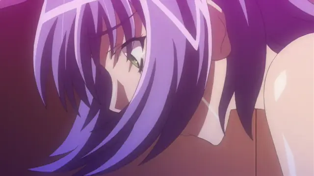 An anime girl with purple hair and a neutral expression looks forward while being held from behind by a man with a bare, muscular back. Screenshot from Gakuen Saimin Reido - Episode 1