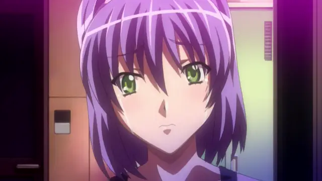 A close-up of an anime girl with purple hair and green eyes looking forward with a blank expression in a hallway. Screenshot from Gakuen Saimin Reido - Episode 1
