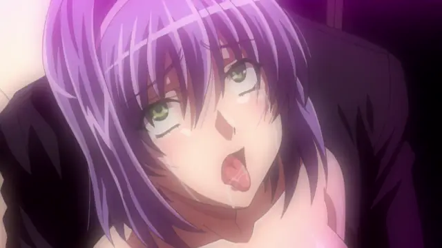 A close-up shot of a purple-haired anime girl with flushed cheeks, heavy-lidded eyes, and an open mouth dripping with saliva as she lies back against a dark background. Screenshot from Gakuen Saimin Reido - Episode 1