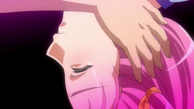 A blushing anime girl with closed eyes and tears on her face lies on her back while a hand rests on her shoulder, accompanied by the subtitle "I can't help it...". Screenshot from Gakuen Saimin Reido - Episode 1