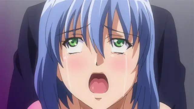 A close-up of a blue-haired anime girl with wide green eyes, blushing cheeks, and a gaping mouth as she looks up with tears streaming down her face. Screenshot from Gakuen Saimin Reido - Episode 2