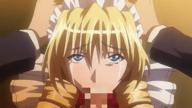 A crying anime girl with blonde hair and blue eyes is being held from behind by an unseen person while wearing a white ruffled dress. Screenshot from Gakuen Saimin Reido - Episode 2