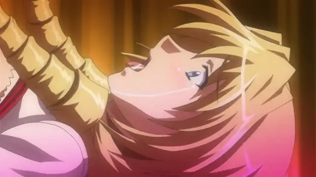 A close-up shot of a blonde girl with blushing cheeks and a dazed expression, being gripped by a muscular arm with gold armor. Screenshot from Gakuen Saimin Reido - Episode 2