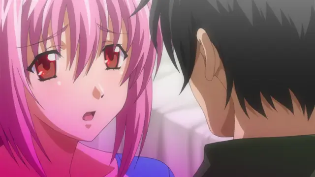 A pink-haired anime girl with a blushing face looks up with wide eyes at a dark-haired man whose face is seen in profile. Screenshot from Gakuen Saimin Reido - Episode 2