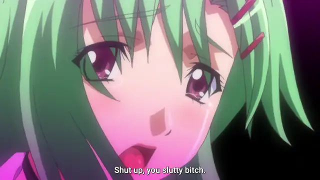 A close-up shot of a green-haired anime girl with a blushing face and wide eyes looking distressed as the subtitle "Shut up, you slutty bitch." appears at the bottom. Screenshot from Gakuen Saimin Reido - Episode 3
